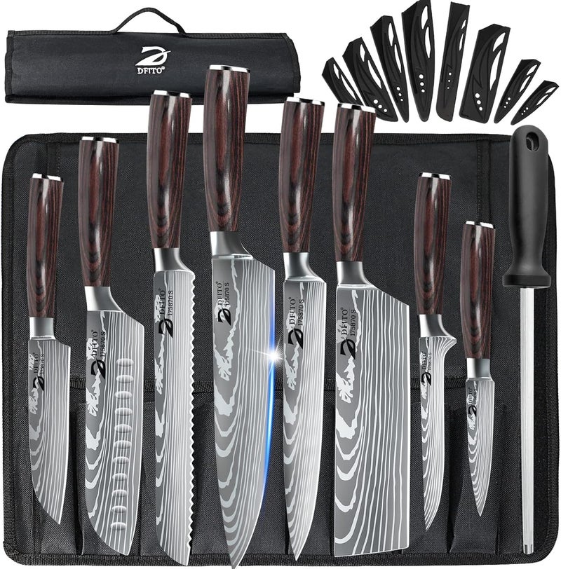 Dfito Chef Knife Sets with Roll Bag, 9 Pieces Professional Knife Set, High Carbon Stainless Steel Kitchen Chef Knife Set, Red Pakkawood Handle, Dishwasher Safe - Image 1